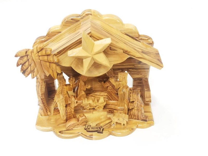 Bethlehem Gifts TM Handcarved Bethlehem Olive Wood Miniature Nativity Scene Set with Stable 12 Pieces (6" Musical Stable) - Image 1